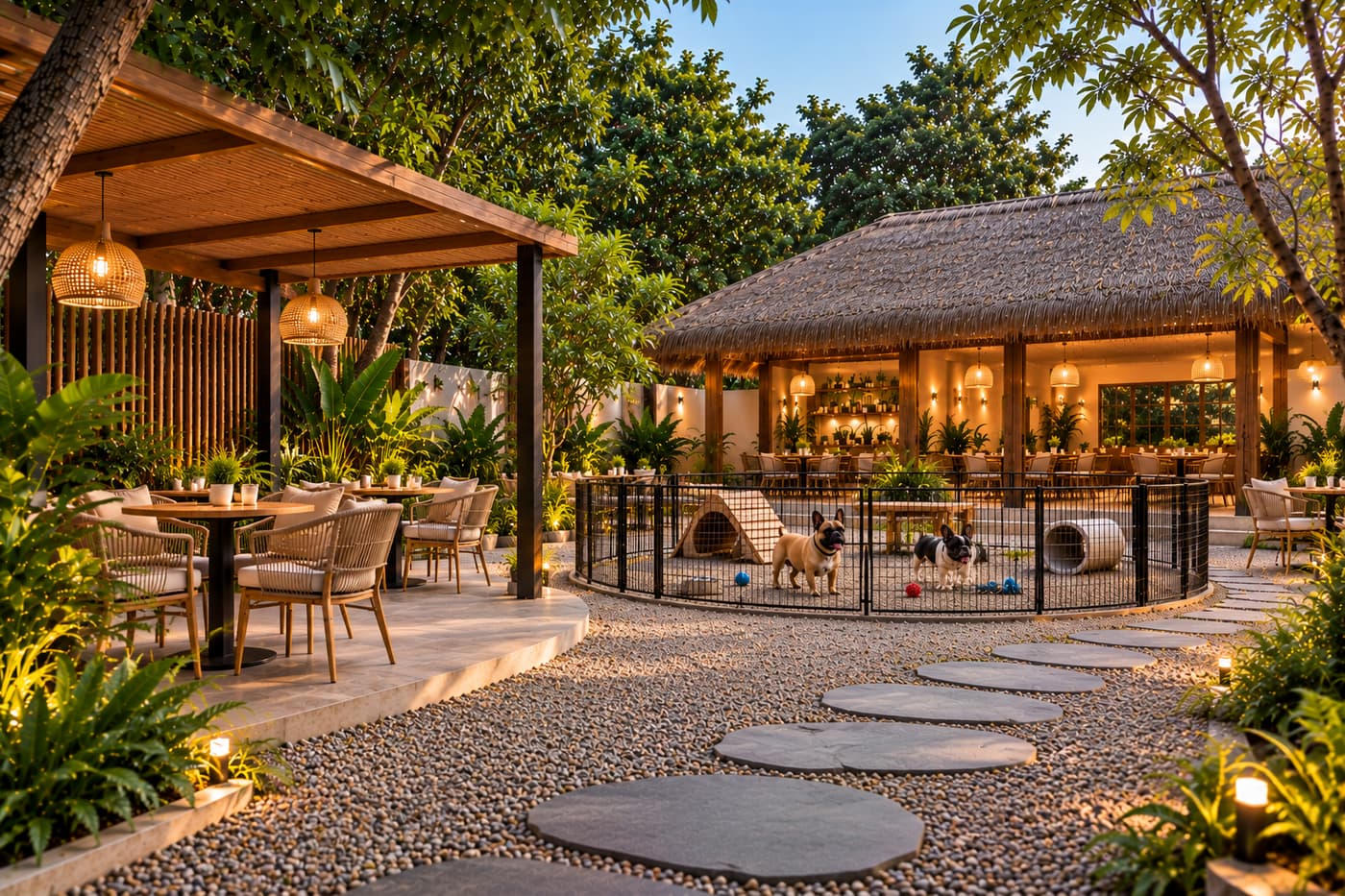 Leafy garden café with a wooden pergola and French bulldogs playing in a fenced play area